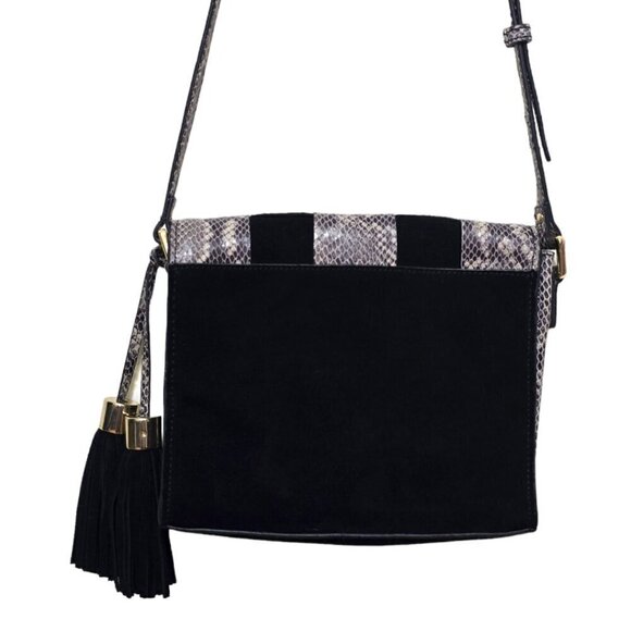 margot Black Suede Leather Snake Print Basket Weave Crossbody Purse - Picture 3 of 10